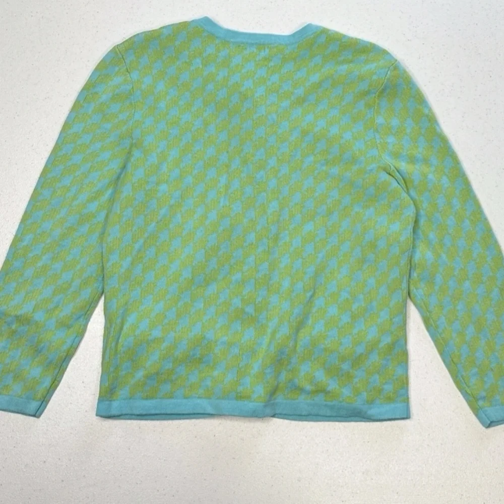 LILY PULITZER VINTAGE WOMEN'S GREEN AND BLUE HOUNDSTOOTH CARDIGAN SIZE MEDIUM